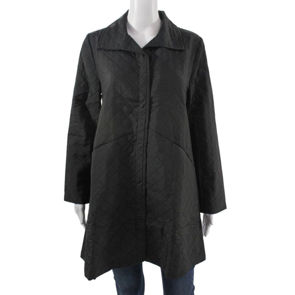 Shana Womens Quilted Coat Black Collared Argyle Long Sleeve Size L